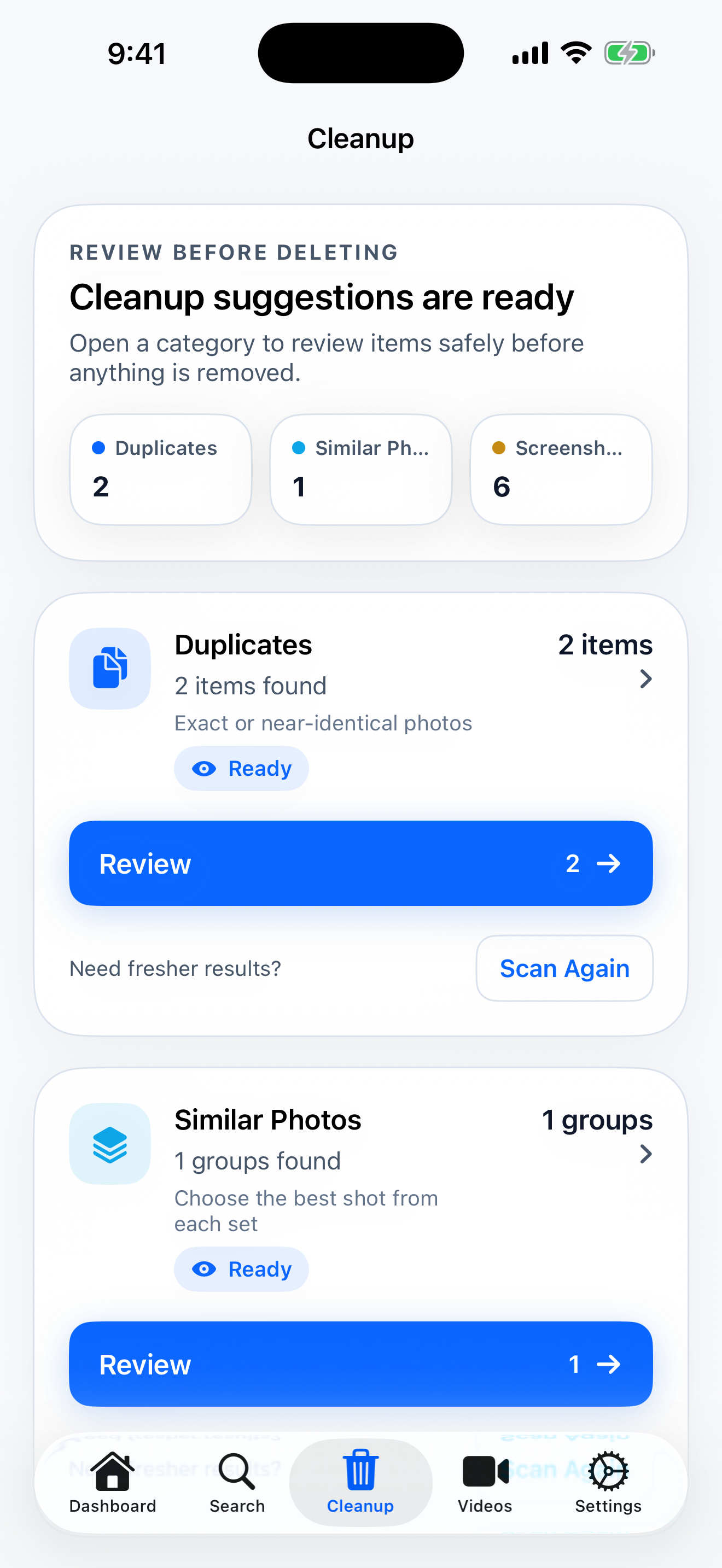 StorageCleaner cleanup review showing grouped suggestions