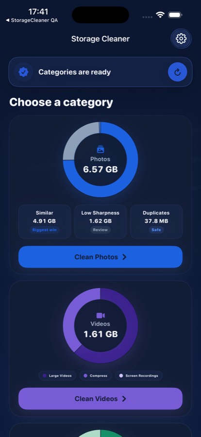 Storage Cleaner iPhone storage cleanup dashboard with category cards