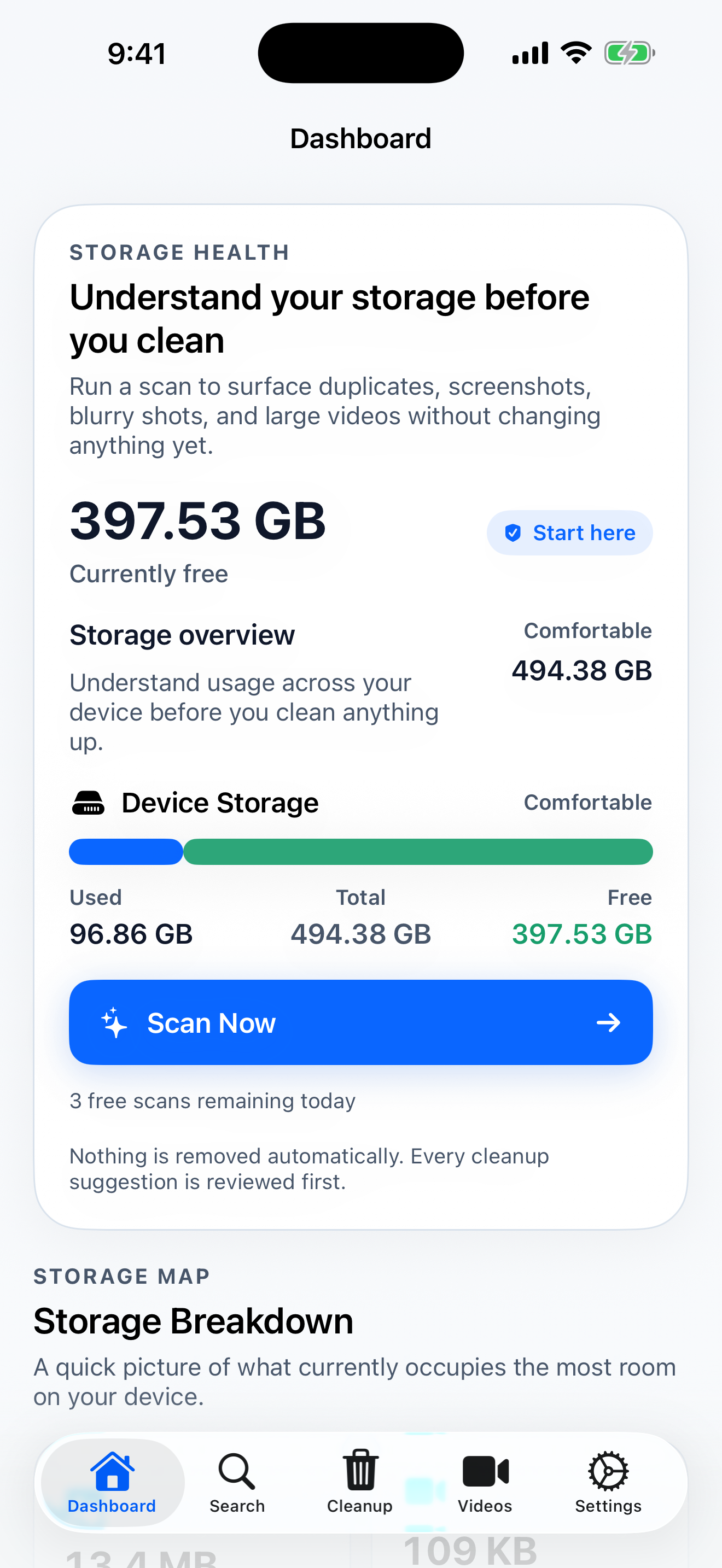StorageCleaner dashboard showing device storage and scan action