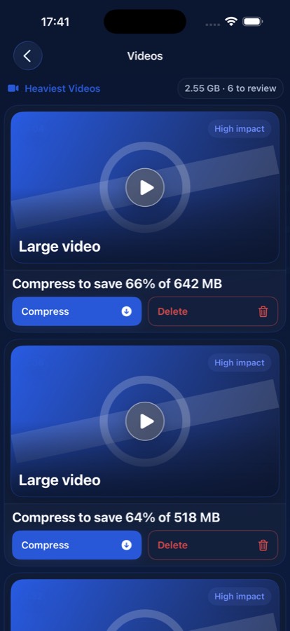 Storage Cleaner large video cleanup and compression review screen